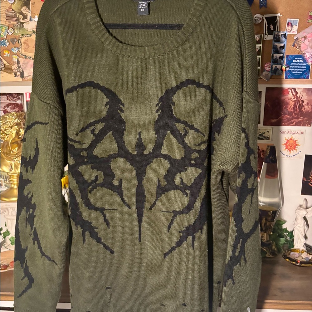 Olive Green Sweater with Black Graphic Design